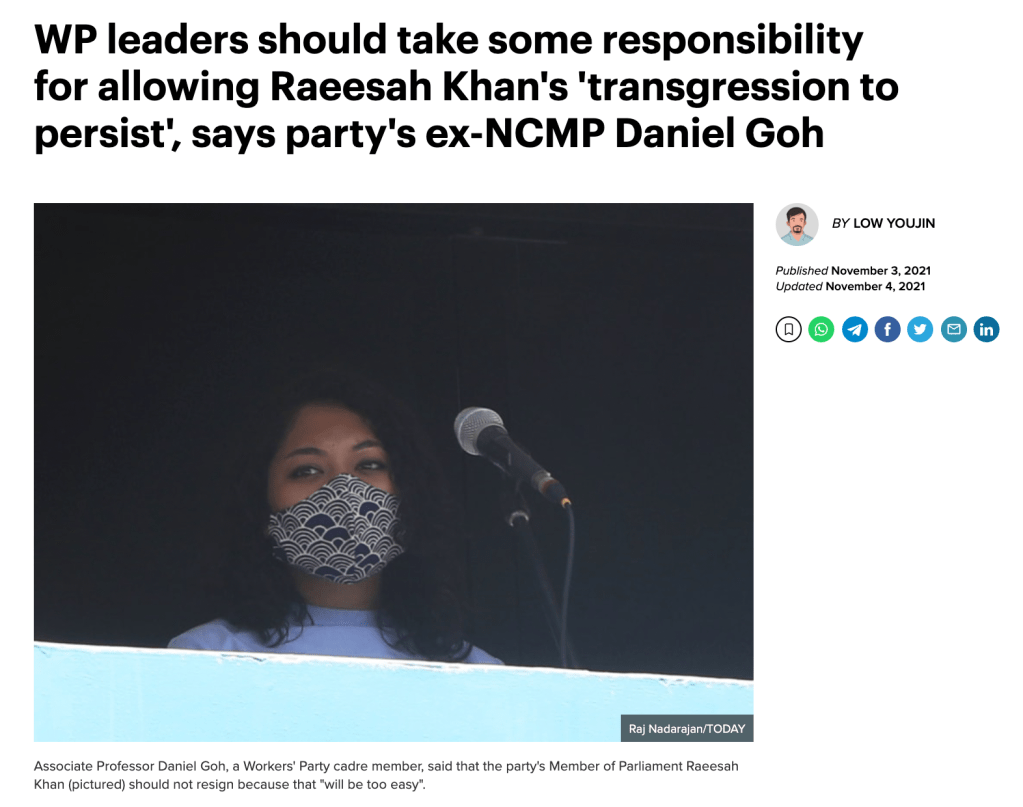 WP leaders should take some responsibility for allowing Raeesah Khan’s ‘transgression to persist’, says party’s ex-NCMP Daniel&nbsp;Goh