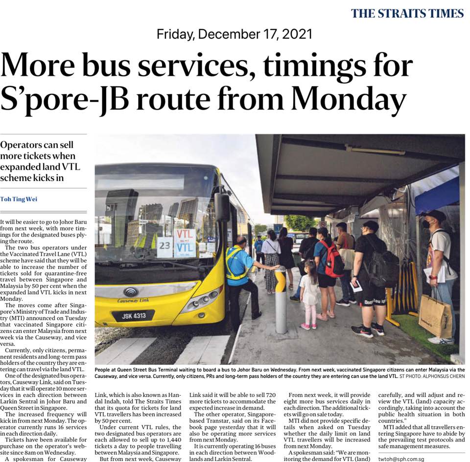 More bus services, timings for S’pore-JB route from&nbsp;Monday