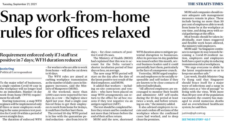 Snap work-from-home rules for offices&nbsp;relaxed