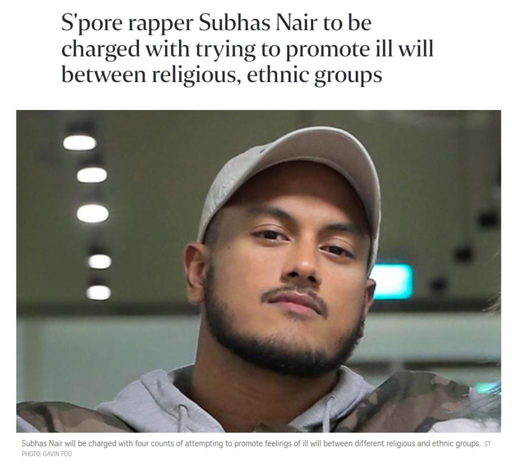 S’pore rapper Subhas Nair to be charged with trying to promote ill will between religious, ethnic&nbsp;groups