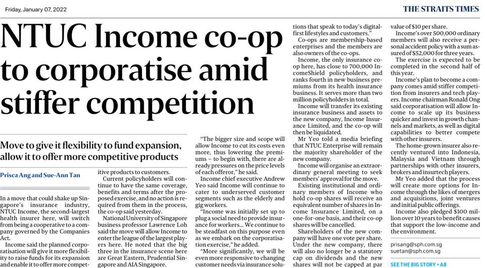 NTUC Income co-op to corporatise amid stiffer&nbsp;competition