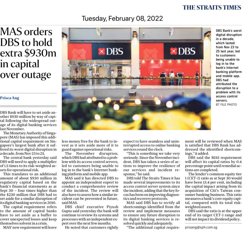 MAS orders DBS to hold extra $930m in capital over&nbsp;outage