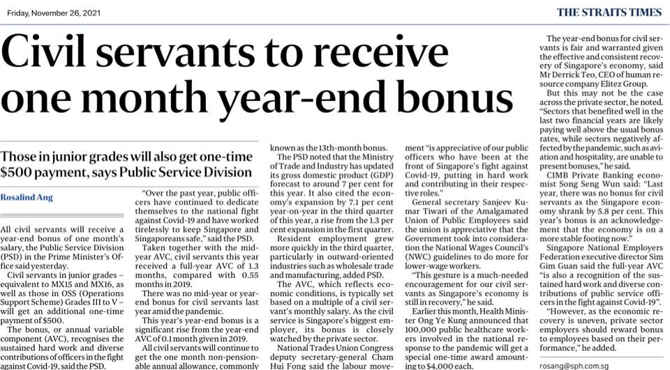 Civil servants to receive one month year-end&nbsp;bonus