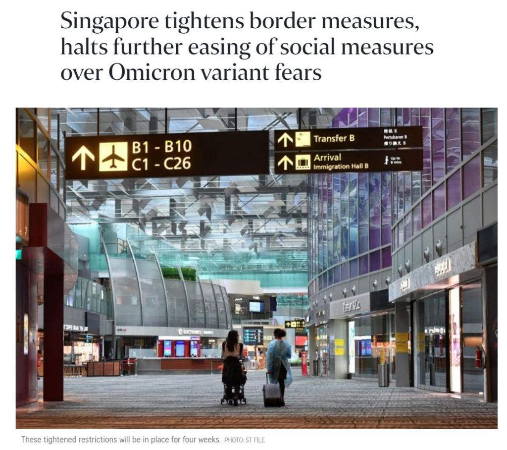 Singapore tightens border measures, halts further easing of social measures over Omicron variant&nbsp;fears