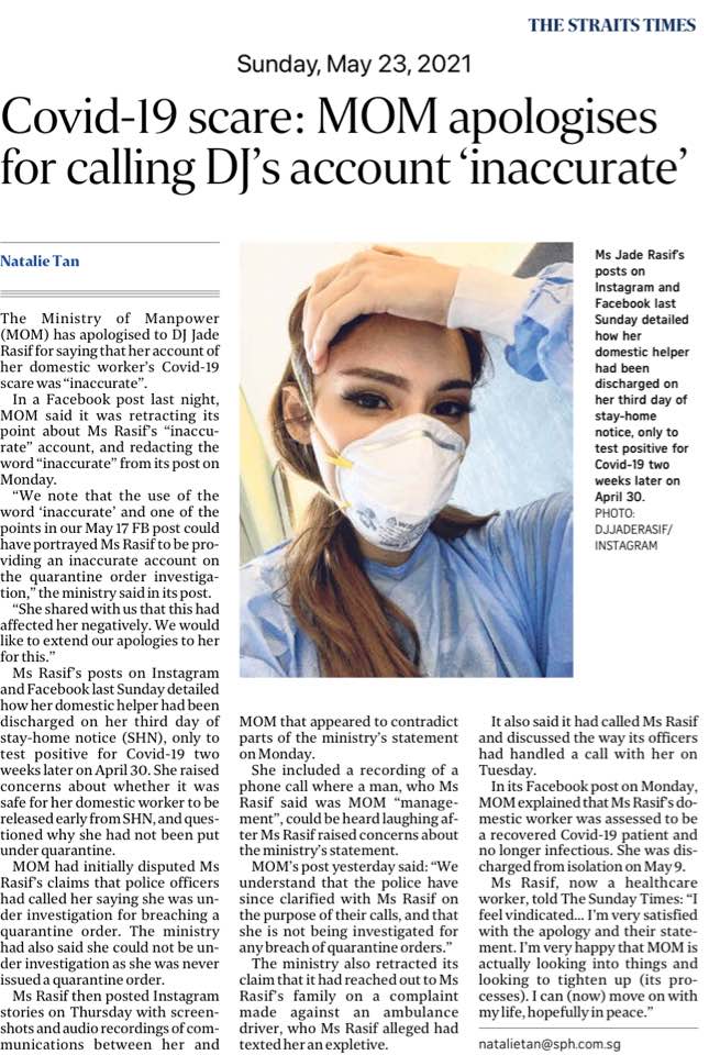 Covid-19 scare: MOM apologises for calling DJ’s account ‘inaccurate’