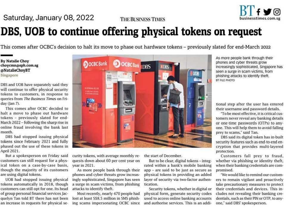DBS, UOB to continue offering physical tokens on&nbsp;request