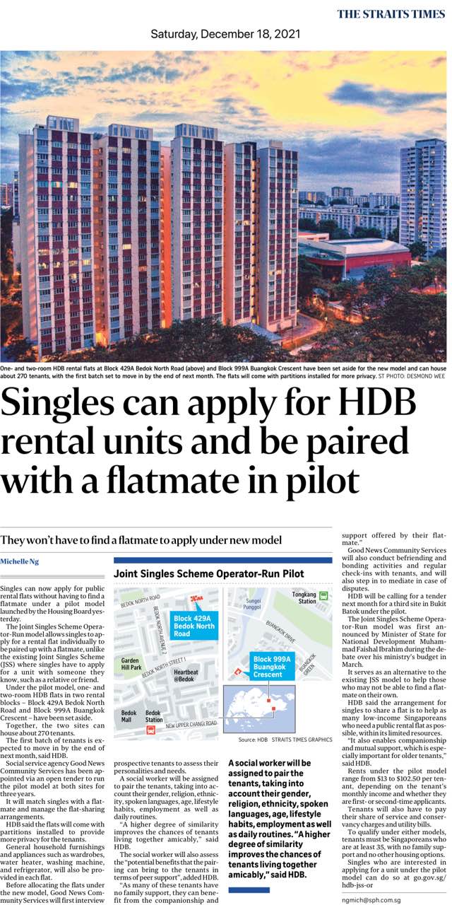 Singles can apply for HDB rental units and be paired with a flatmate in&nbsp;pilot